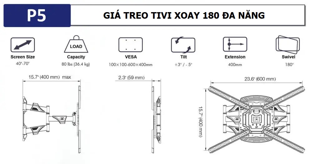 Thông số kỹ thuật của Giá Treo Tivi Xoay Nhập Khẩu NB-P5 32 - 70 inch