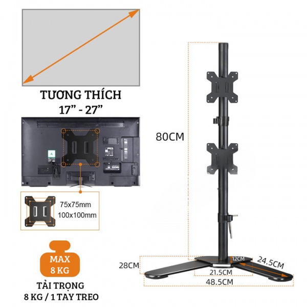 Giá Treo Hai Màn Hình Máy Tính M073 (17 – 27 Inch) - 4