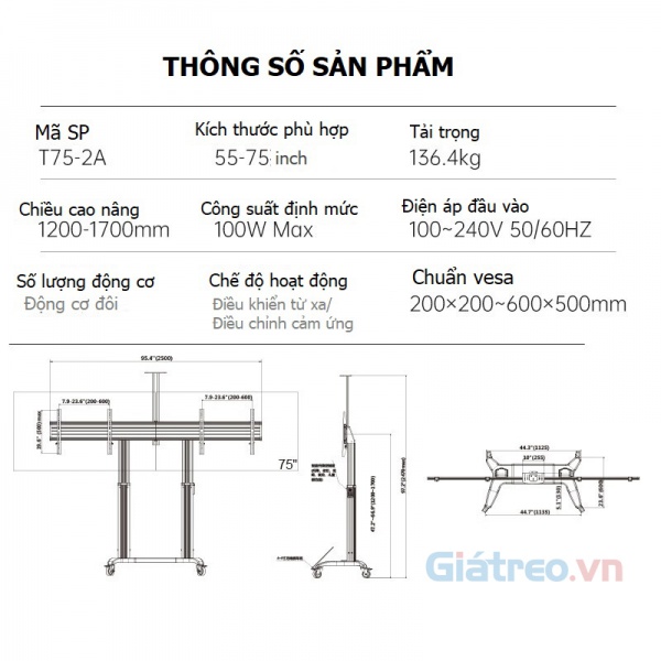 Giá treo di động cho 2 tivi T75-2A (55